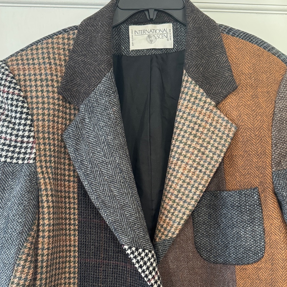 VTG International Scene Women's Brown Gray Patchwork Wool Blazer Jacket 13/14 - Picture 2 of 14